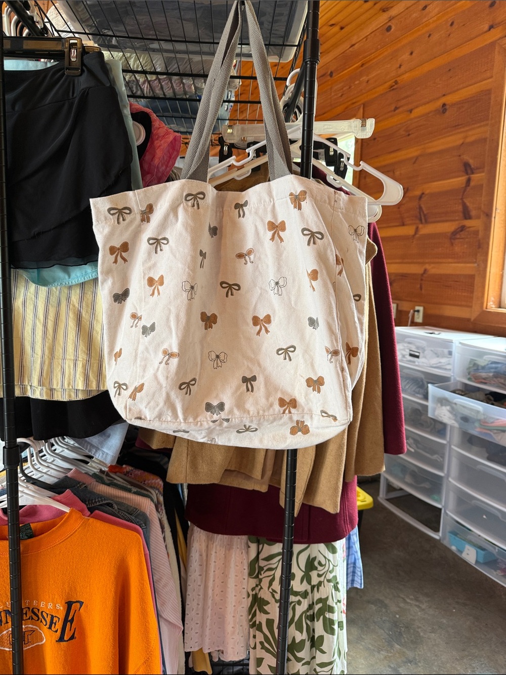 T.J.Maxx Cream Canvas Tote with Brown and Gray Bow Print